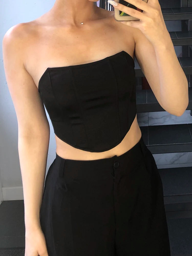 Sleeveless Off Shoulder Fashion Sexy Corset Crop Tops Vest Female Underwear Backless Bustier Top Solid
