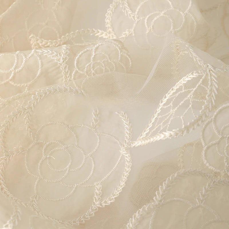 Camellia Embroidery Tulle Fabric Beige Women Dress Sun Protection Clothing Kids Apparel Breathable Summer Lightweight Fabric