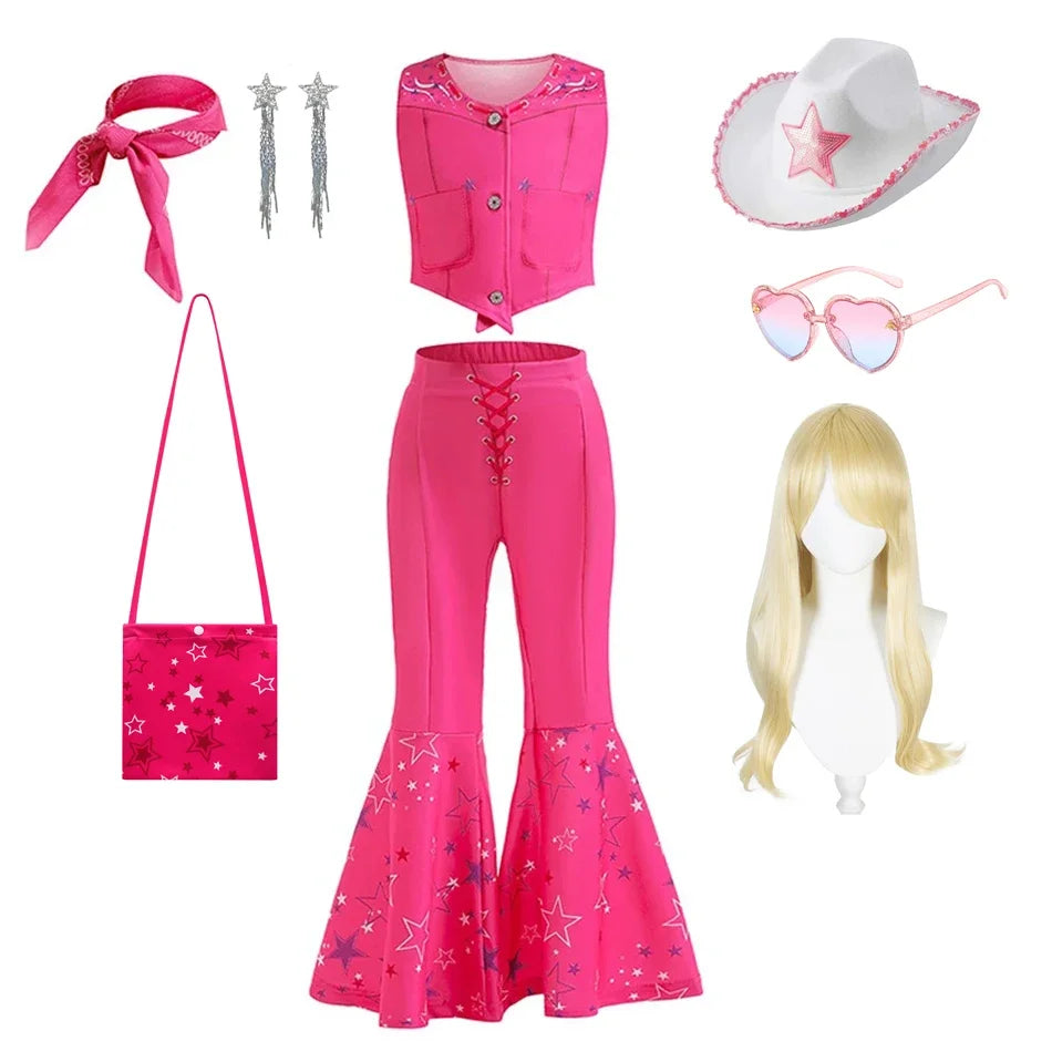 Girls Cowgirl Dress 2-12 Yrs Kids Costume Cosplay Outfit Halloween Apparel Party Vest Top And Flared Trousers Scarf Clothing Set