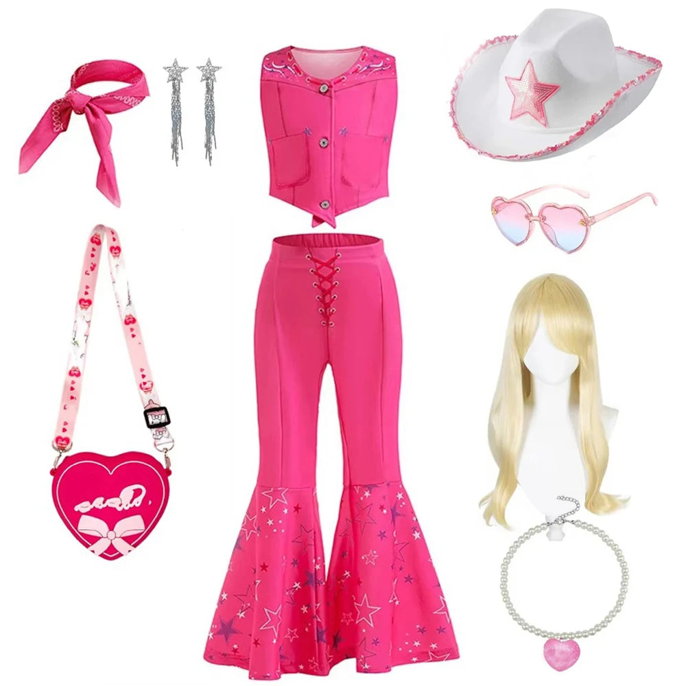 Girls Cowgirl Dress 2-12 Yrs Kids Costume Cosplay Outfit Halloween Apparel Party Vest Top And Flared Trousers Scarf Clothing Set