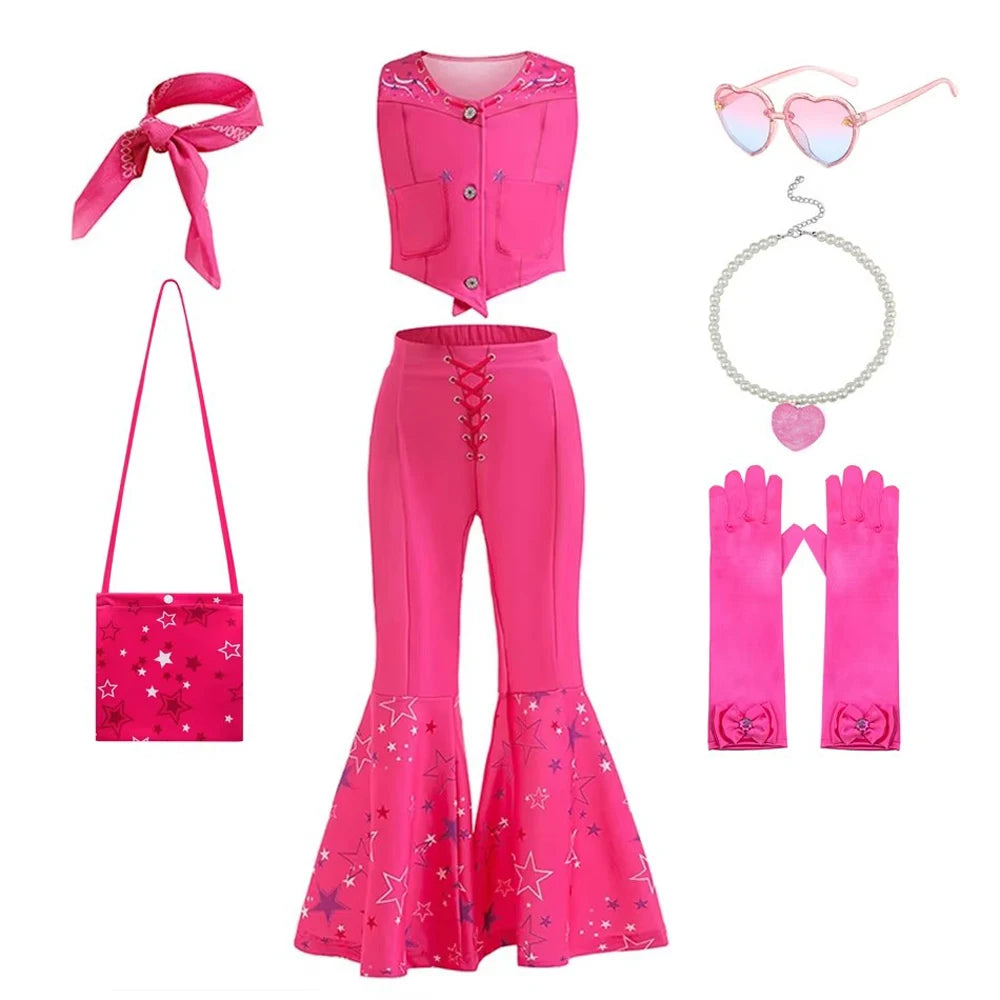 Girls Cowgirl Dress 2-12 Yrs Kids Costume Cosplay Outfit Halloween Apparel Party Vest Top And Flared Trousers Scarf Clothing Set