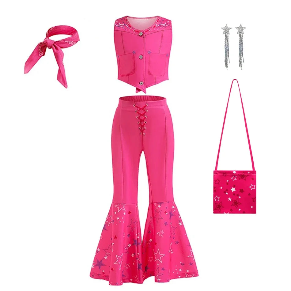 Girls Cowgirl Dress 2-12 Yrs Kids Costume Cosplay Outfit Halloween Apparel Party Vest Top And Flared Trousers Scarf Clothing Set