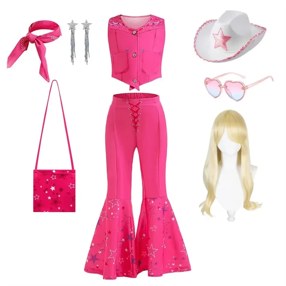 Girls Cowgirl Dress 2-12 Yrs Kids Costume Cosplay Outfit Halloween Apparel Party Vest Top And Flared Trousers Scarf Clothing Set