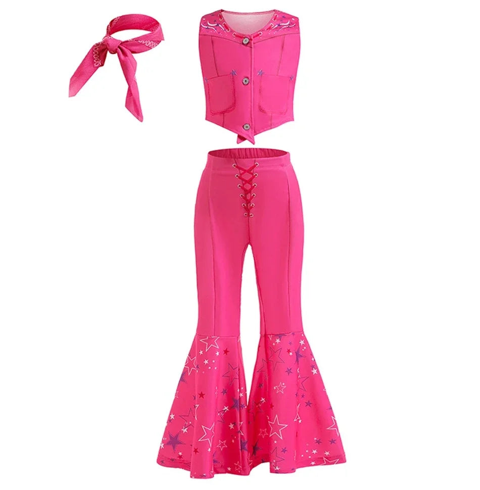 Girls Cowgirl Dress 2-12 Yrs Kids Costume Cosplay Outfit Halloween Apparel Party Vest Top And Flared Trousers Scarf Clothing Set