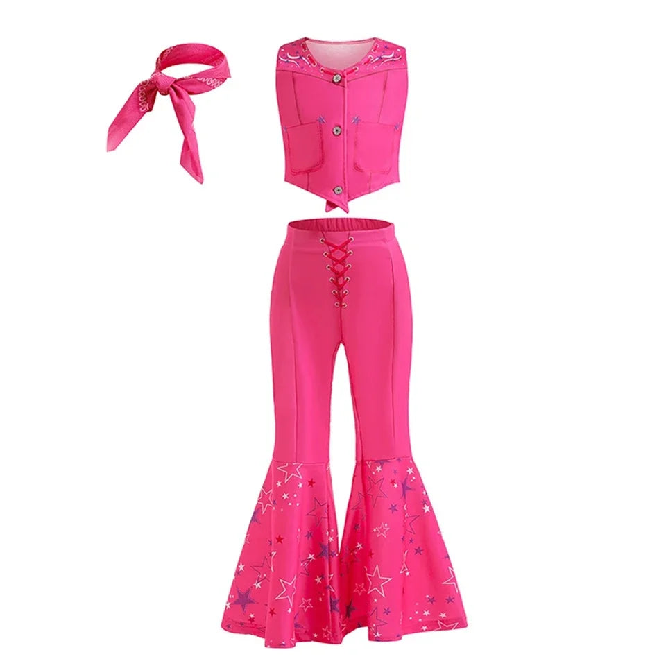 Girls Cowgirl Dress 2-12 Yrs Kids Costume Cosplay Outfit Halloween Apparel Party Vest Top And Flared Trousers Scarf Clothing Set