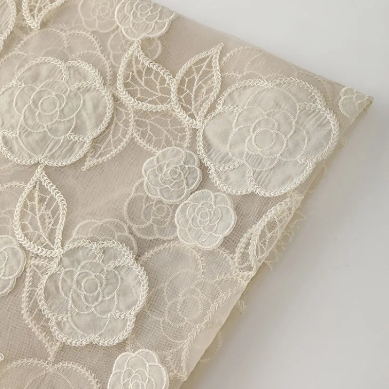 Camellia Embroidery Tulle Fabric Beige Women Dress Sun Protection Clothing Kids Apparel Breathable Summer Lightweight Fabric