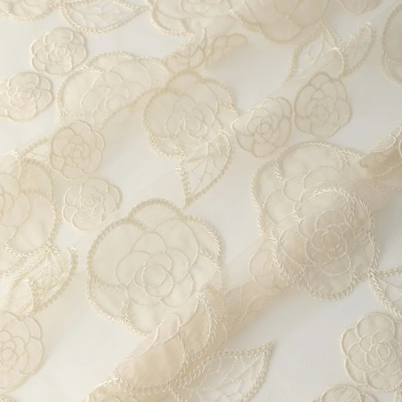 Camellia Embroidery Tulle Fabric Beige Women Dress Sun Protection Clothing Kids Apparel Breathable Summer Lightweight Fabric