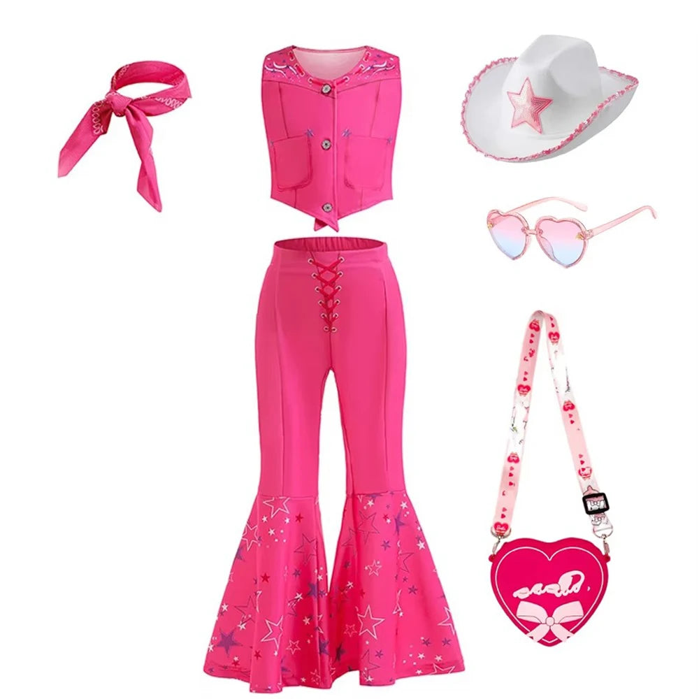 Girls Cowgirl Dress 2-12 Yrs Kids Costume Cosplay Outfit Halloween Apparel Party Vest Top And Flared Trousers Scarf Clothing Set