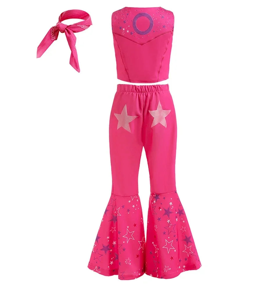 Girls Cowgirl Dress 2-12 Yrs Kids Costume Cosplay Outfit Halloween Apparel Party Vest Top And Flared Trousers Scarf Clothing Set
