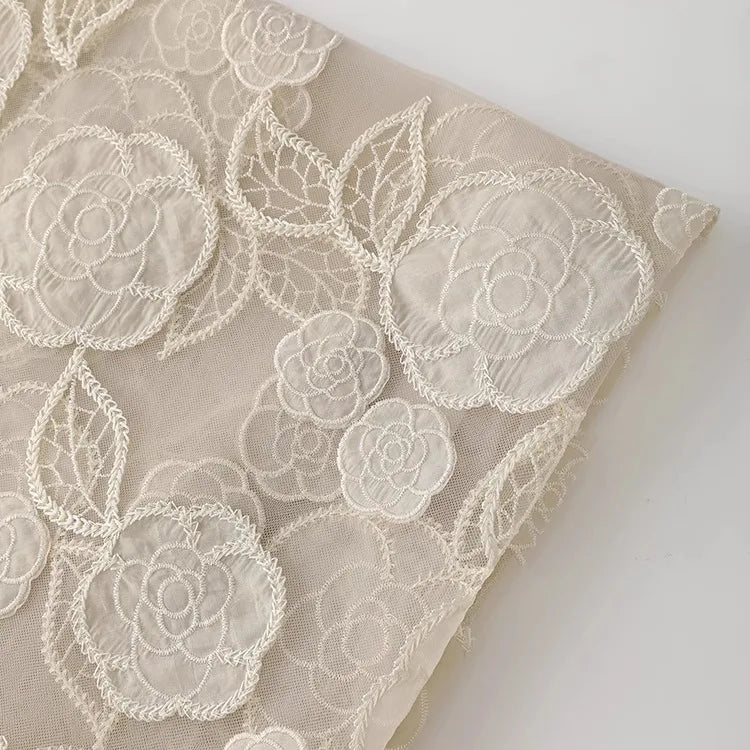 Camellia Embroidery Tulle Fabric Beige Women Dress Sun Protection Clothing Kids Apparel Breathable Summer Lightweight Fabric